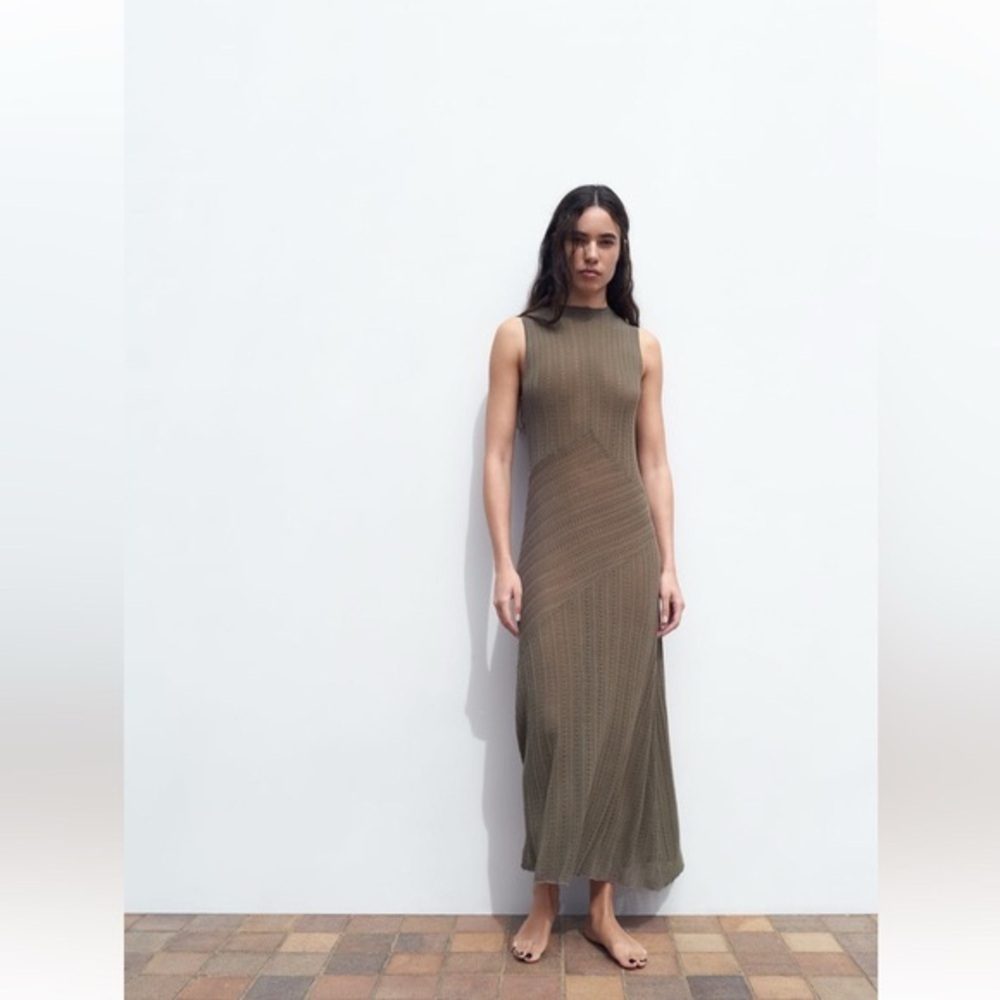Zara Boho POINTELLE KNIT LONG DRESS Size Small NEW